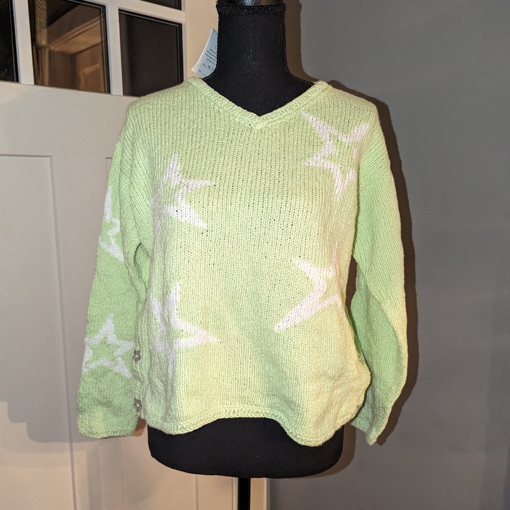 M Gibson Vintage Womens M/L Boxy Green Star Pullover Knit Cotton NWT
